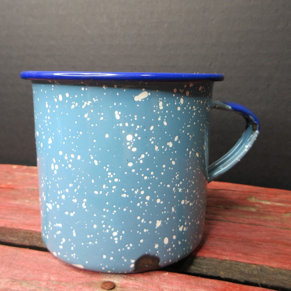 Vintage Primitive Blue Enamelware Speckled Camping Mug Coffee Cup Rustic Outdoor